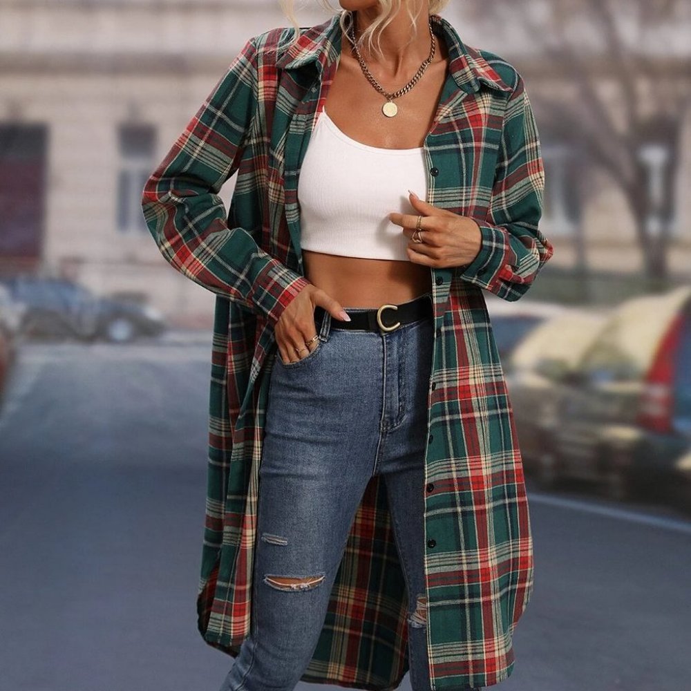 Multicolor Plaid print button down casual shacket jacket - Picture 1 of 4
